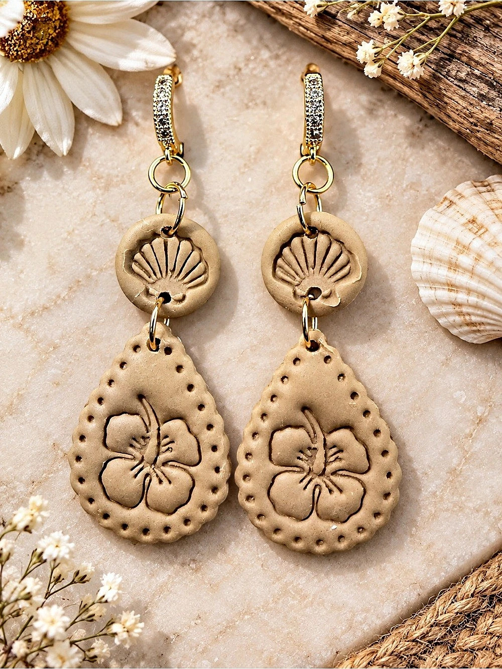 Floral Dangle Handmade Polymer Clay Earrings in Brown & Gold